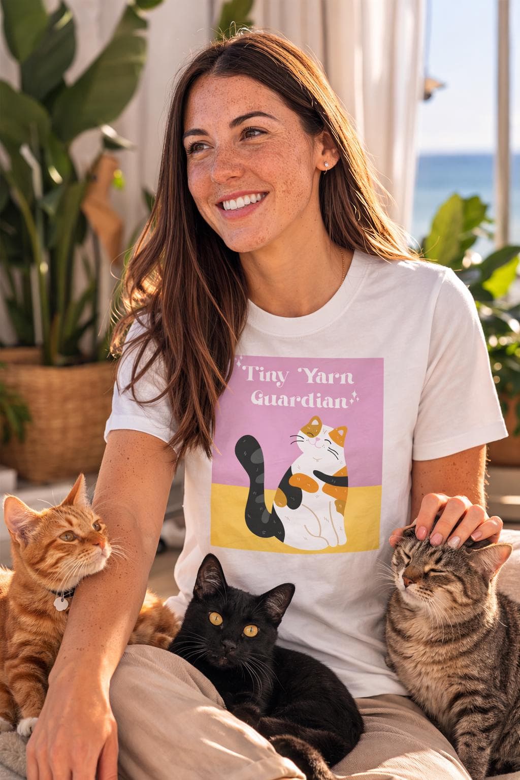 Calico Cat Shirt, Tiny Yarn Guardian, Kitten Graphic Tee, Cat Lover Apparel