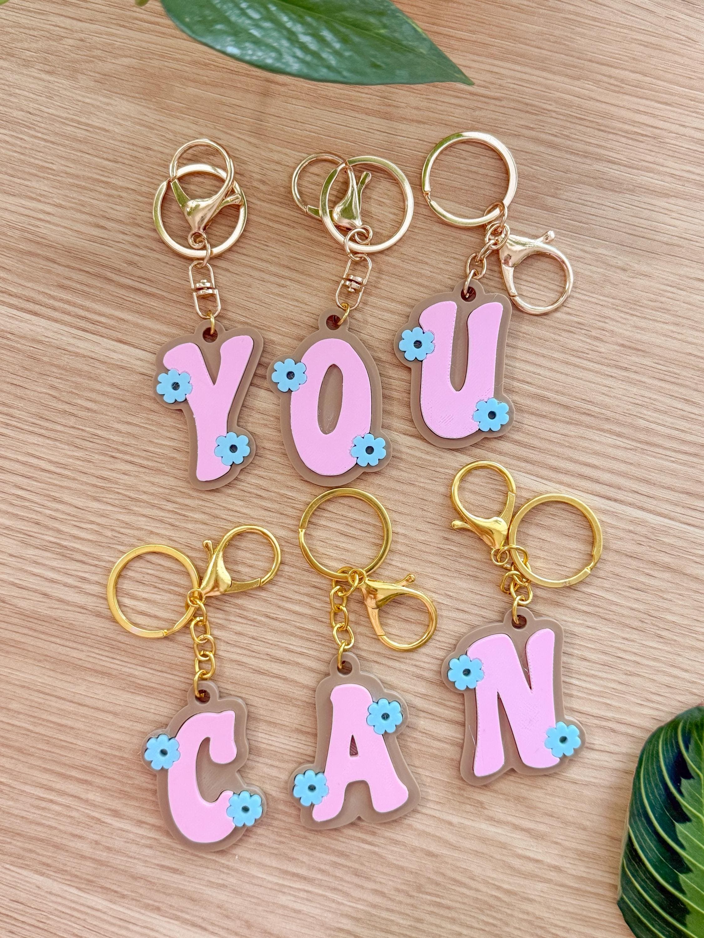 3D Floral Monogram Keychain: Pink Letter, Blue Flowers, Gold Hardware