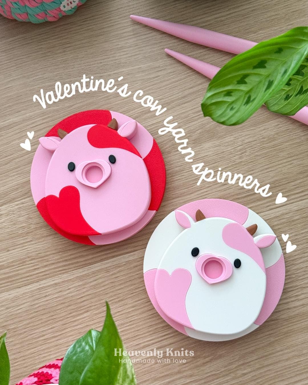Valentine Cow Yarn Spinner, Heart Spots, Detachable No‑Tangle Holder